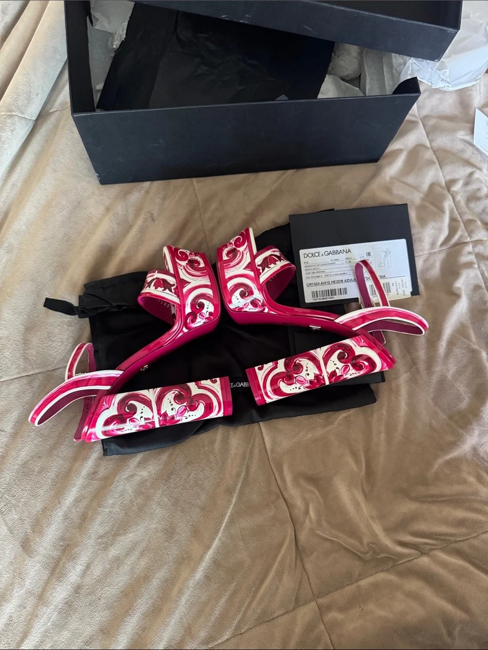 Authentic Dolce & Gabbana Pink Printed Ankle-Strap platform Heels 36.5